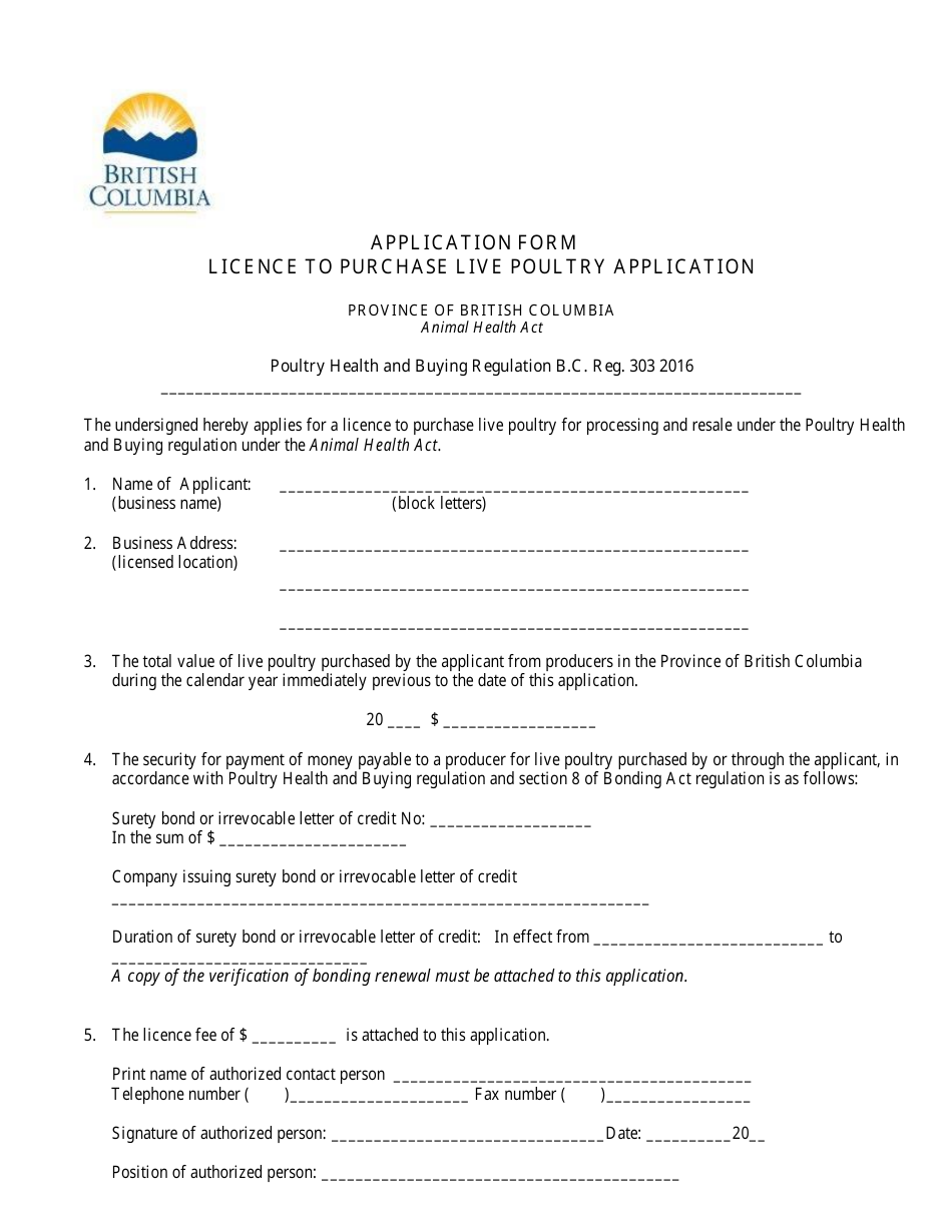 Application Form - Licence to Purchase Live Poultry - British Columbia, Canada, Page 1