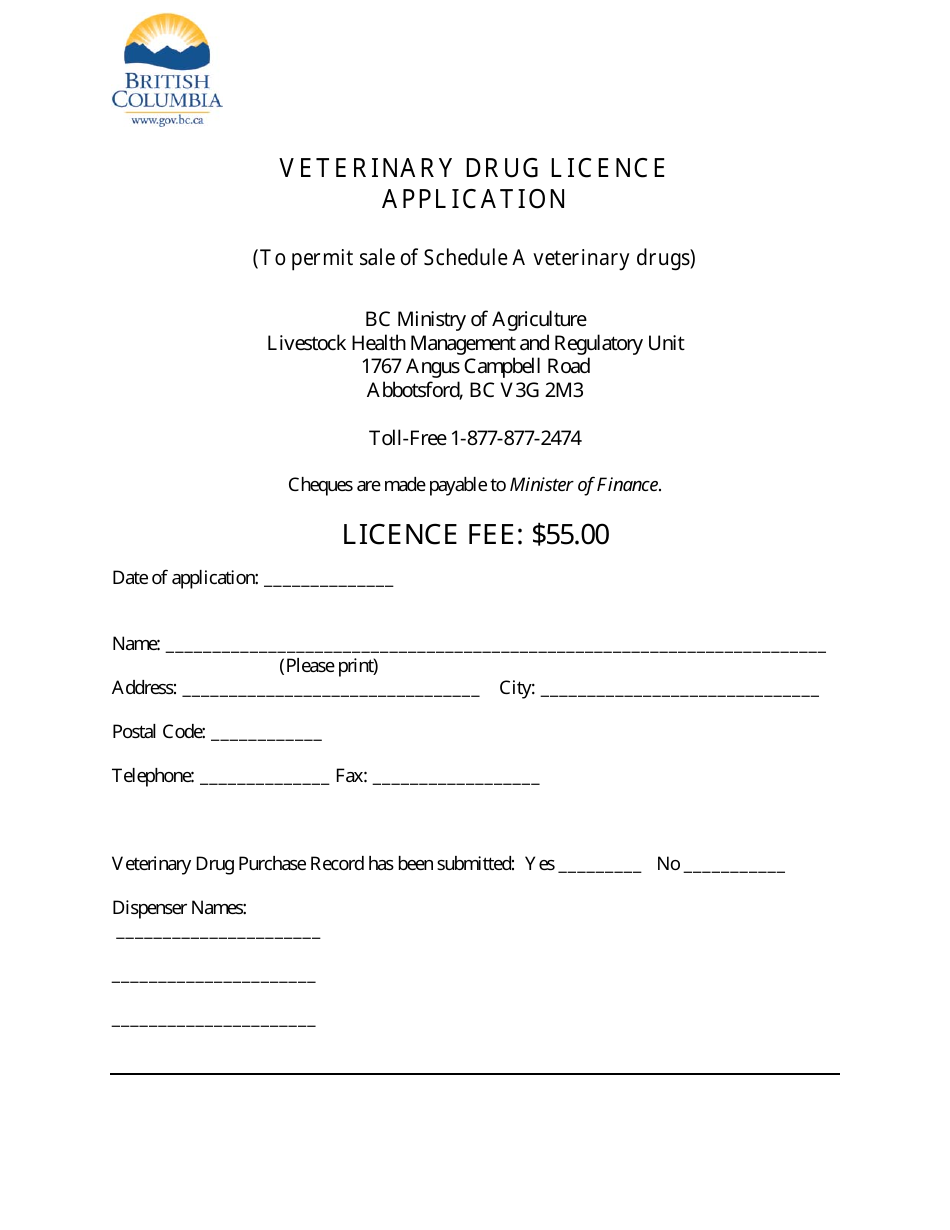 Veterinary Drug Licence Application - British Columbia, Canada, Page 1