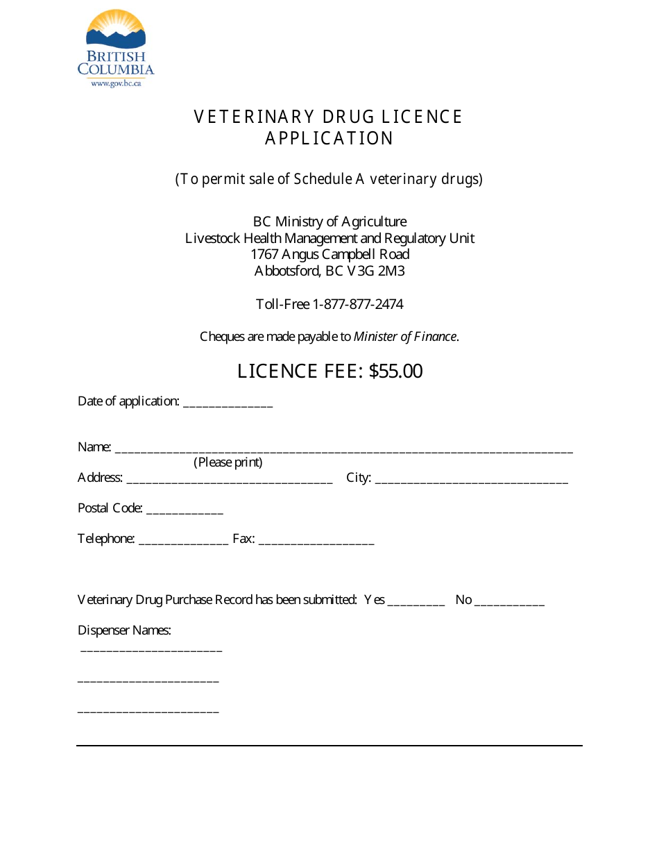 British Columbia Canada Veterinary Drug Licence Application Fill Out