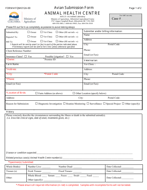 Form FQM-012A-00 Avian Submission Form - British Columbia, Canada