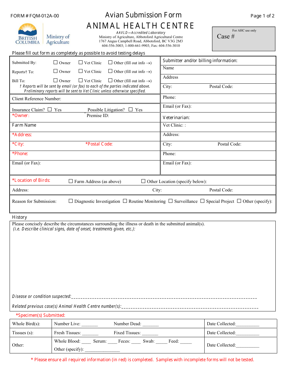 Form FQM-012A-00 Avian Submission Form - British Columbia, Canada, Page 1