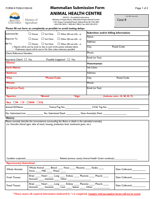 Form FQM-012M-00 Mammalian Submission Form - British Columbia, Canada