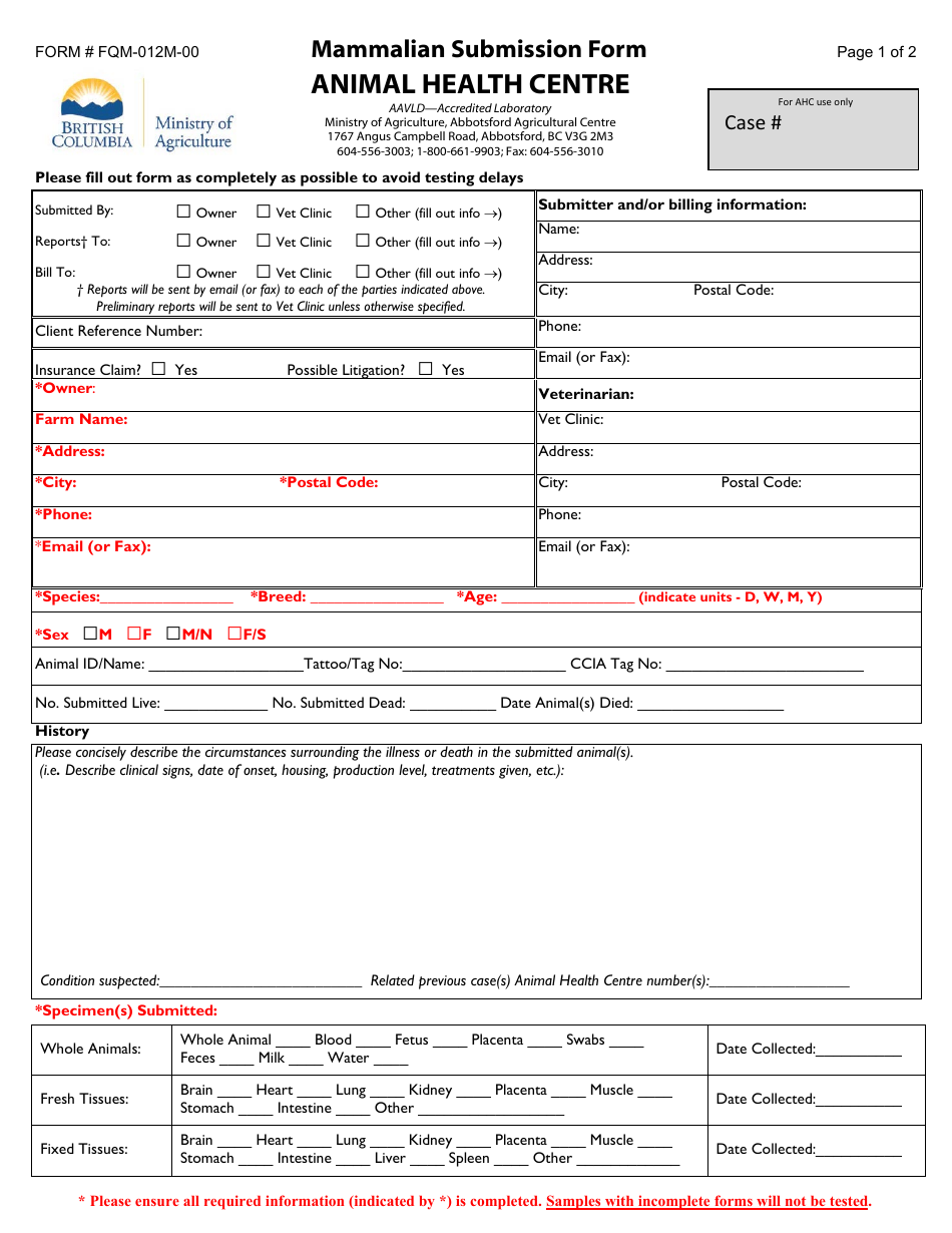 Form FQM-012M-00 Mammalian Submission Form - British Columbia, Canada, Page 1