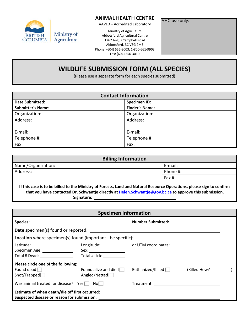 Wildlife Submission Form (All Species) - British Columbia, Canada, Page 1