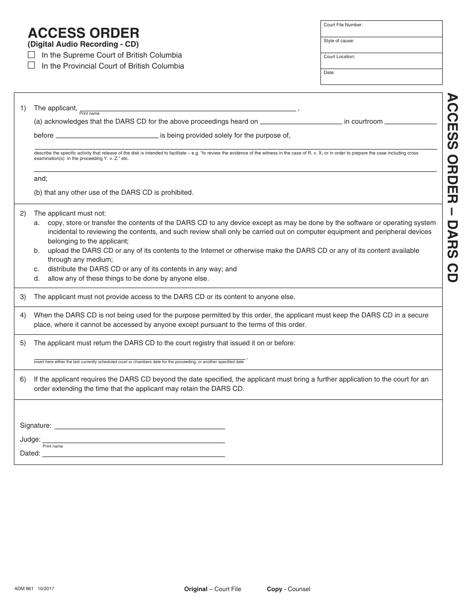 Form ADM861 Access Order - British Columbia, Canada, Page 1