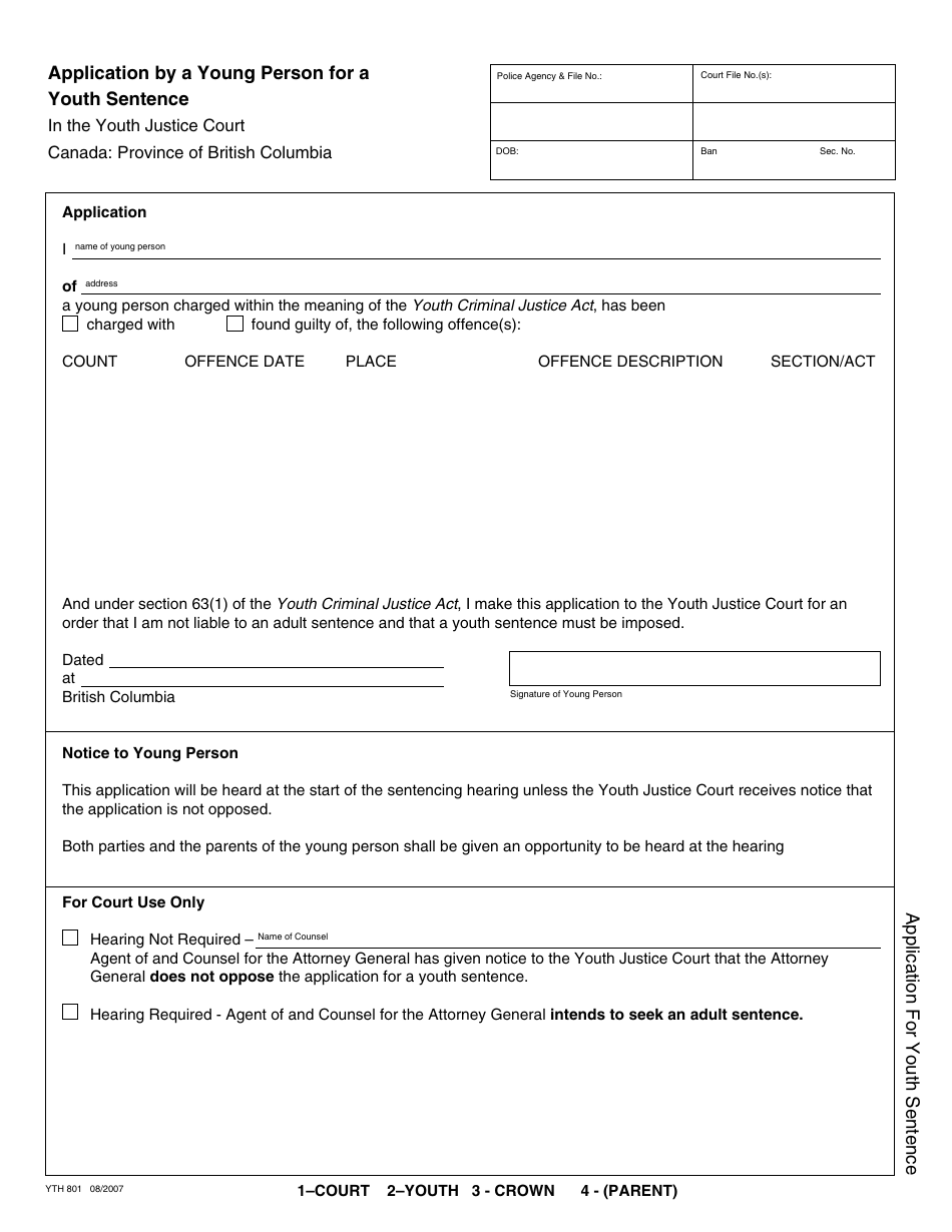 Form YTH801 Application by a Young Person for a Youth Sentence - British Columbia, Canada (English / French), Page 1