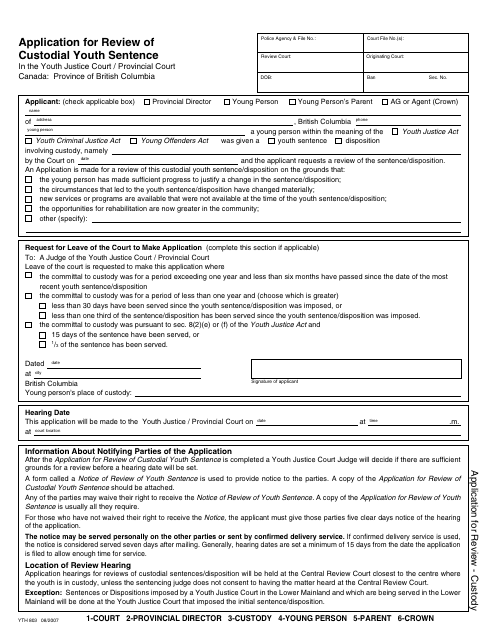 Form YTH803 Application for Review of Custodial Youth Sentence - British Columbia, Canada (English/French)