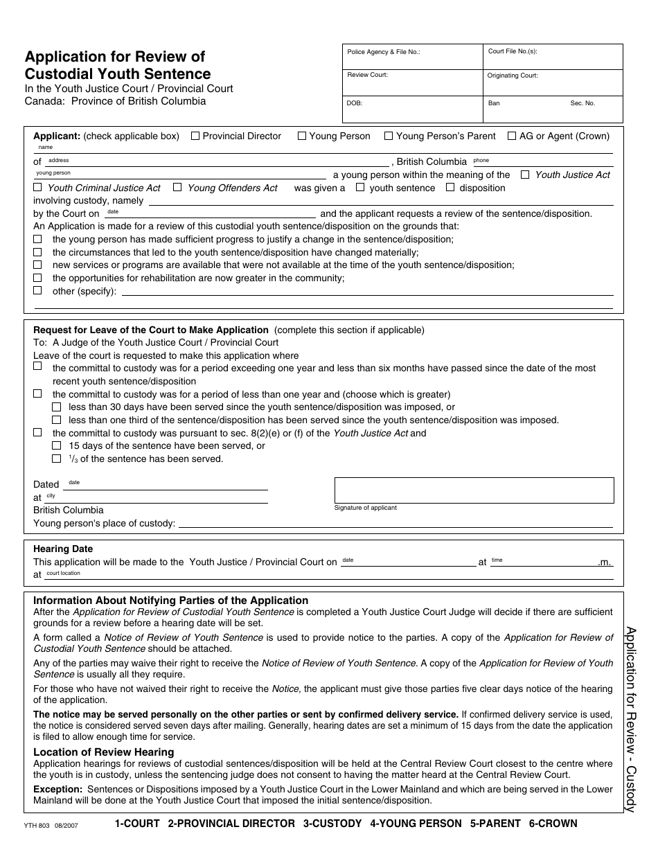 Form YTH803 Application for Review of Custodial Youth Sentence - British Columbia, Canada (English / French), Page 1