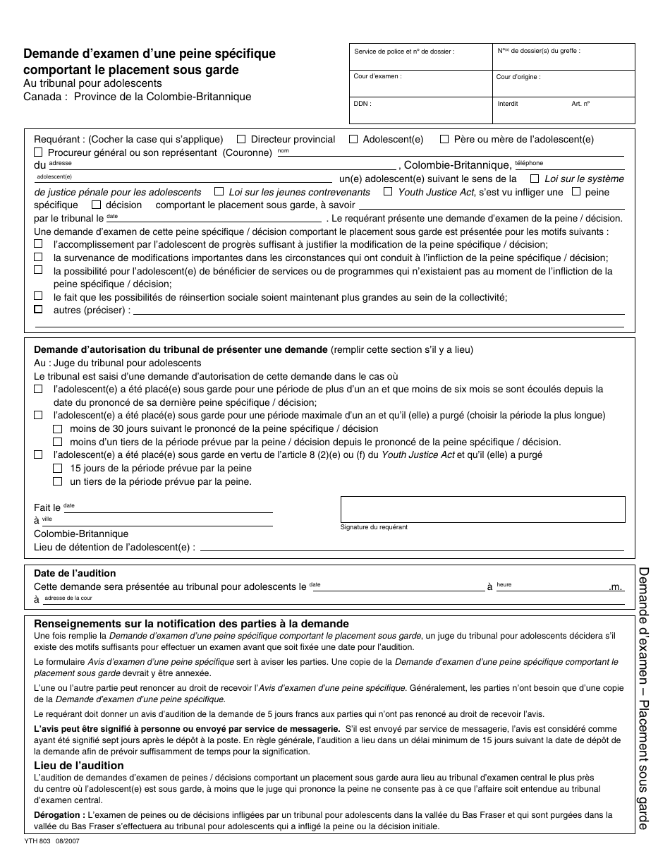 Form YTH803 Application for Review of Custodial Youth Sentence - British Columbia, Canada (English / French), Page 2