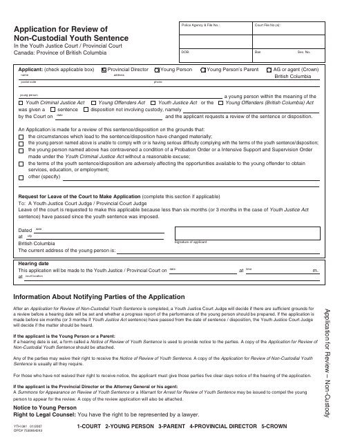 Form YTH081 Application for Review of Non-custodial Youth Sentence - British Columbia, Canada
