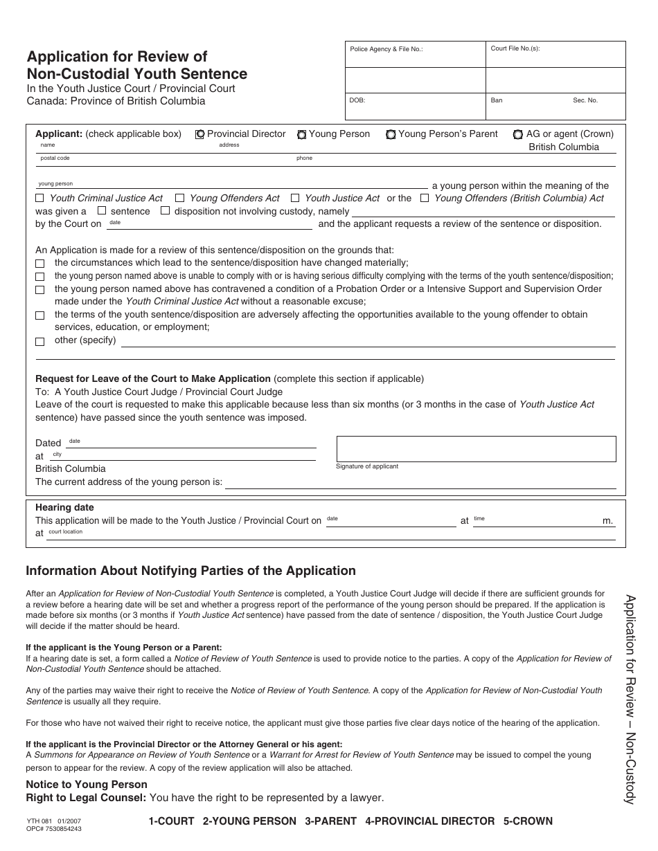 Form YTH081 Application for Review of Non-custodial Youth Sentence - British Columbia, Canada, Page 1
