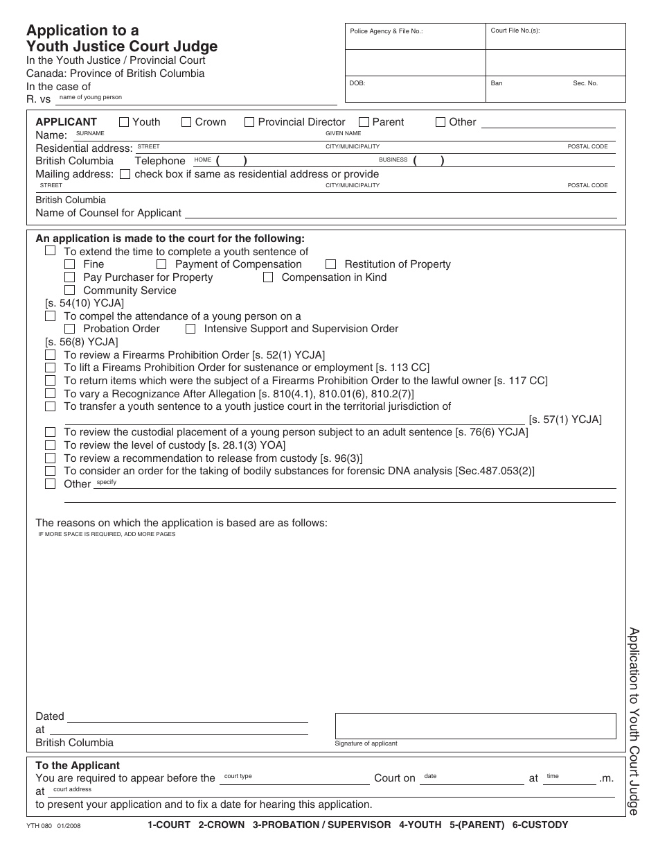 Form YTH080 Application to a Youth Justice Court Judge - British Columbia, Canada, Page 1