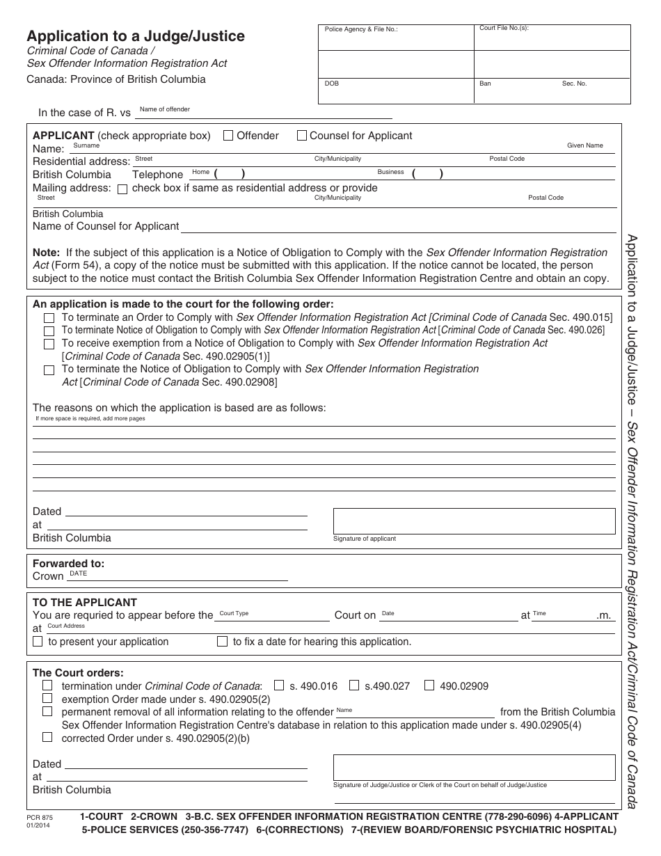 Form PCR875 Application to a Judge/Justice Under the Sex Offender Information Registration Act - British Columbia, Canada (English/French), Page 1