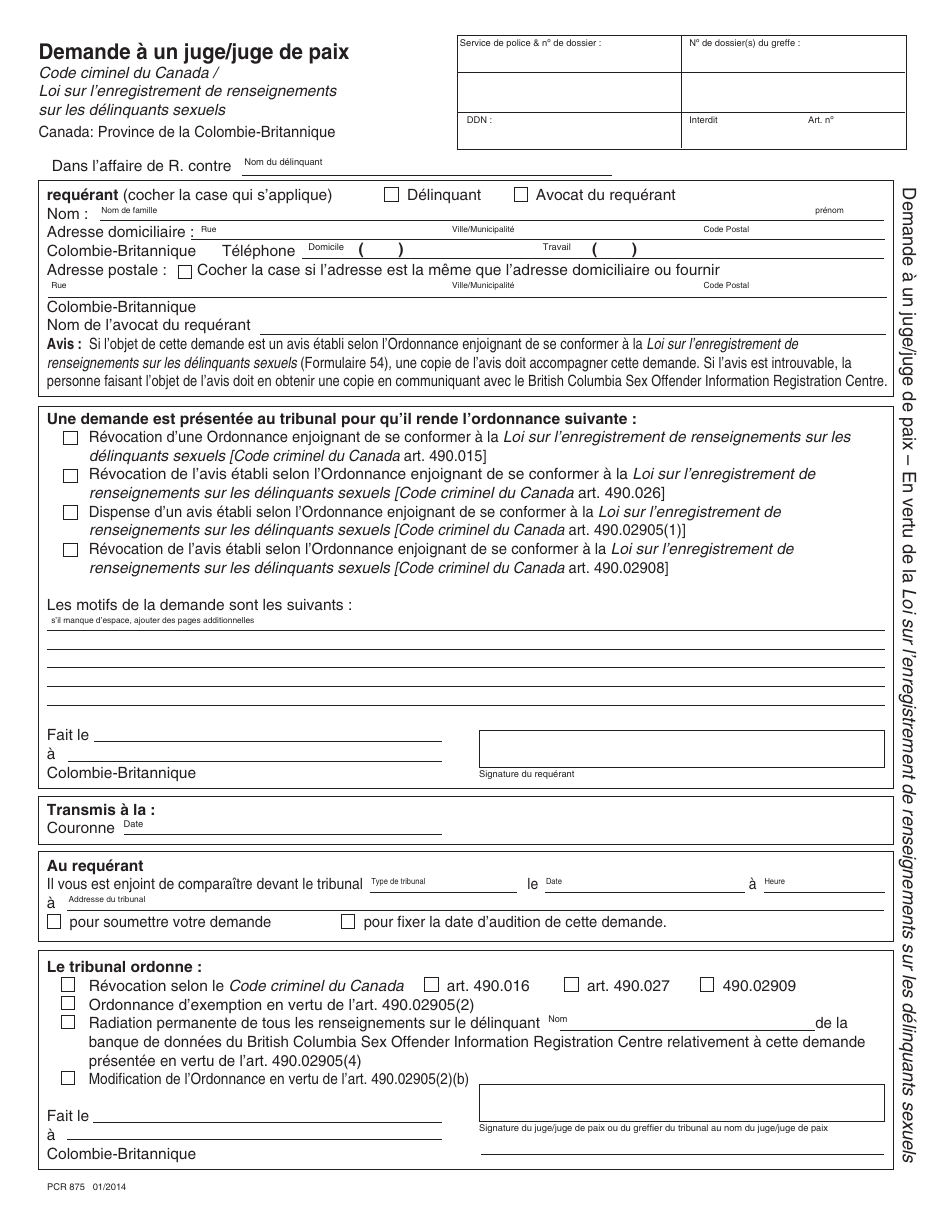 Form PCR875 Application to a Judge / Justice Under the Sex Offender Information Registration Act - British Columbia, Canada (English / French), Page 2