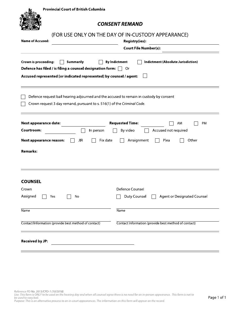 Form 3 (CPD-1) Consent Remand - British Columbia, Canada, Page 1