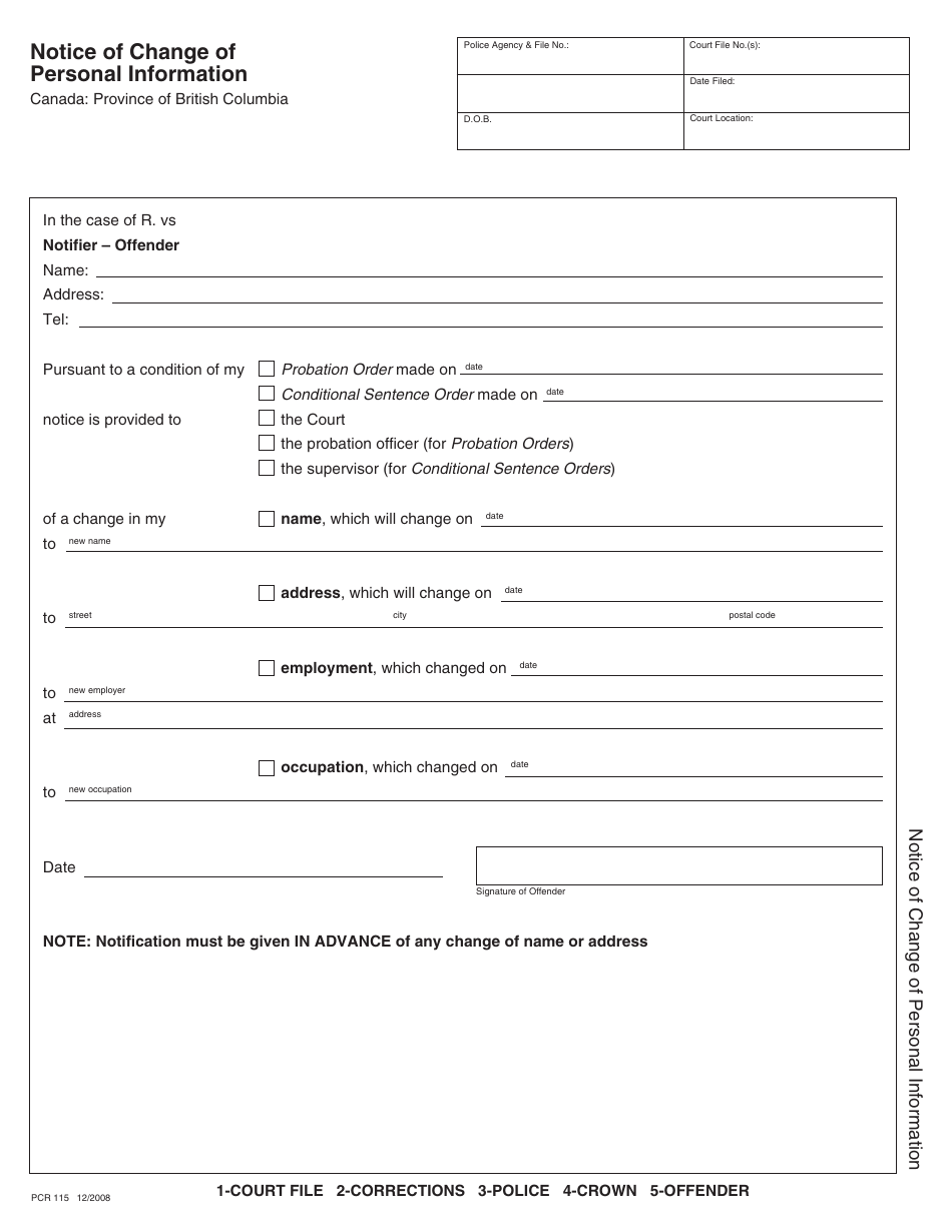 Form PCR115 Notice of Change of Personal Information - British Columbia, Canada, Page 1