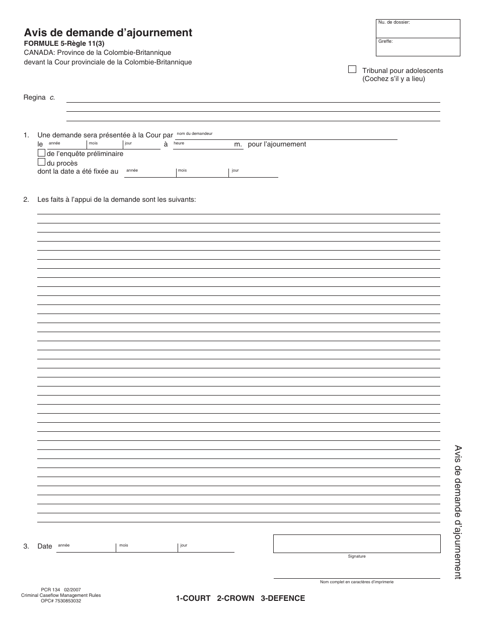 Form 5 (PCR134) Notice of Application to Adjourn - British Columbia, Canada (English / French), Page 2