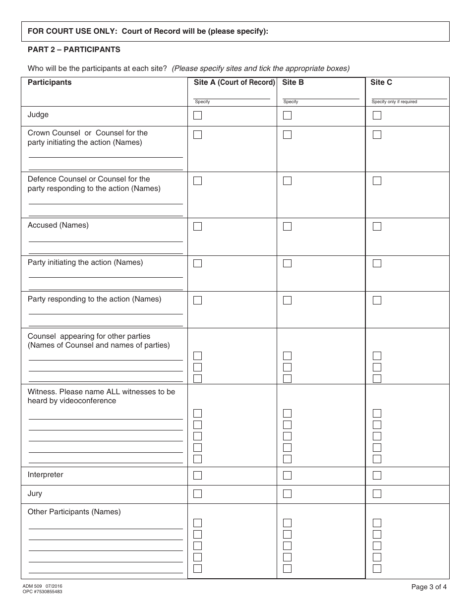 Form ADM509 Court Videoconference Request Form - British Columbia, Canada, Page 3
