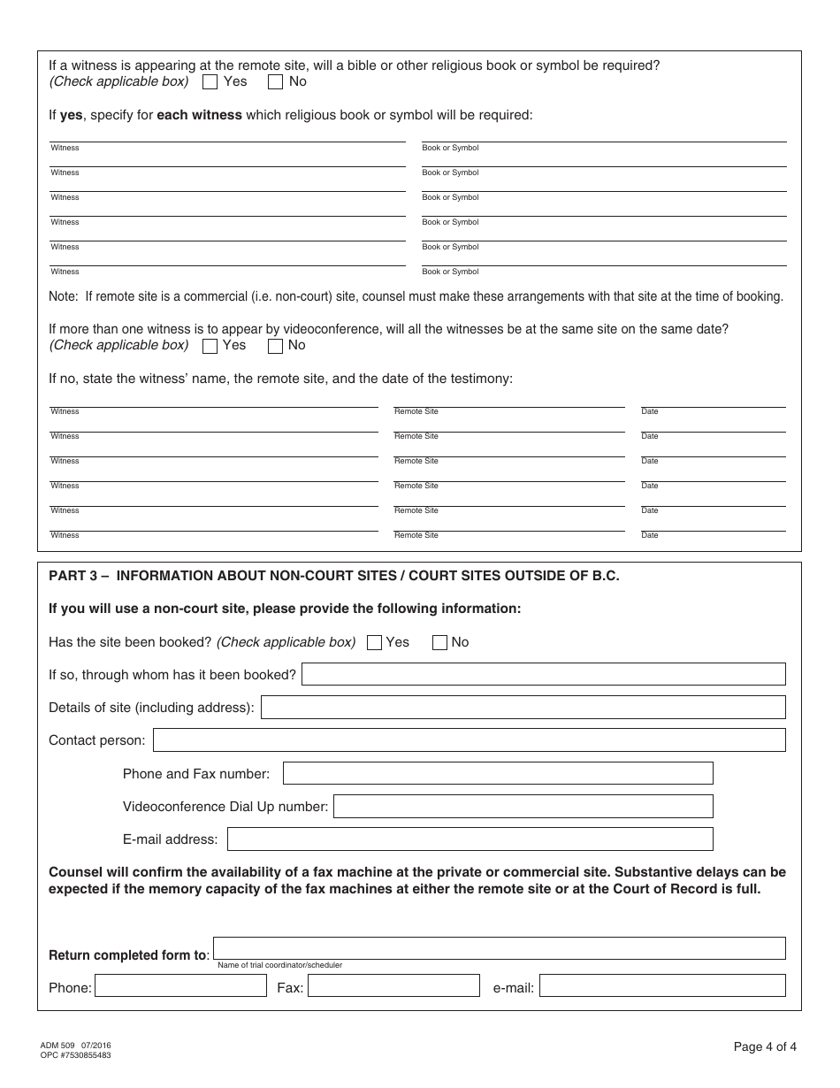 Form ADM509 Court Videoconference Request Form - British Columbia, Canada, Page 4