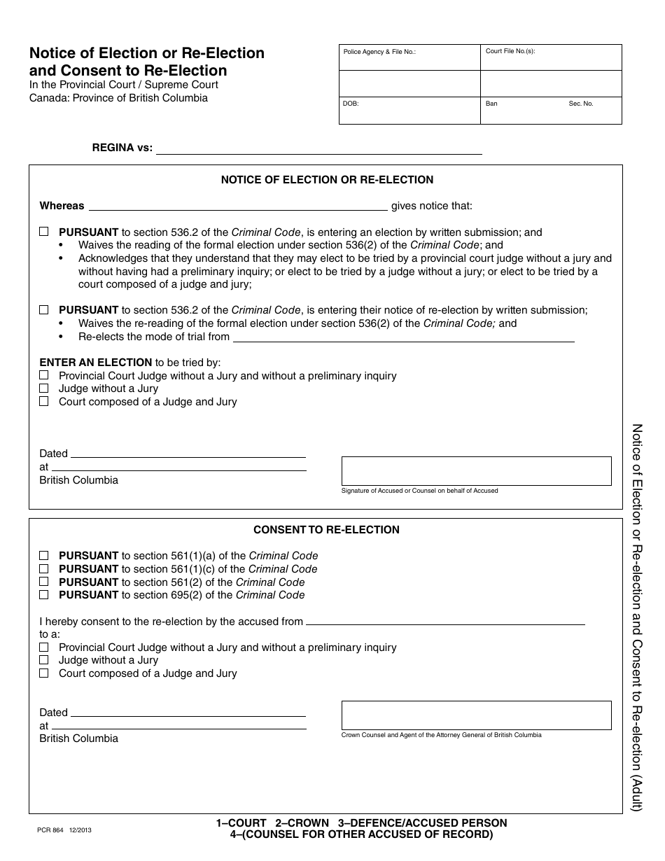 Form PCR864 Notice of Election or Re-election and Consent to Re-election - British Columbia, Canada, Page 1