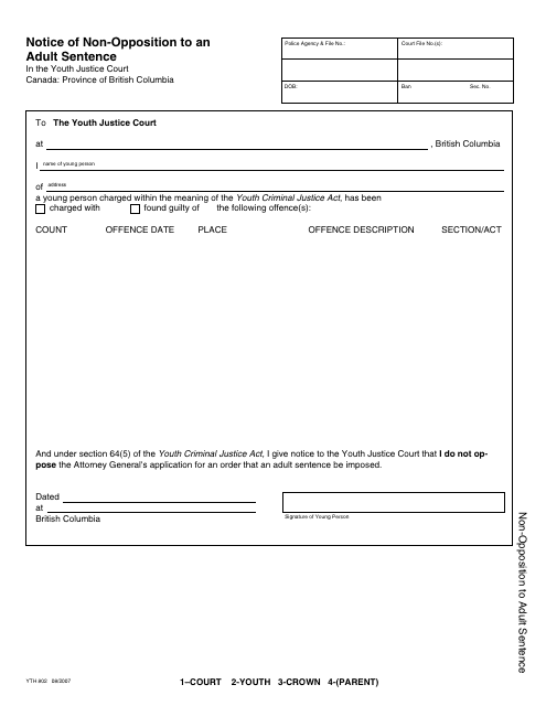 Form YTH802 Notice of Non-opposition to an Adult Sentence - British Columbia, Canada (English/French)