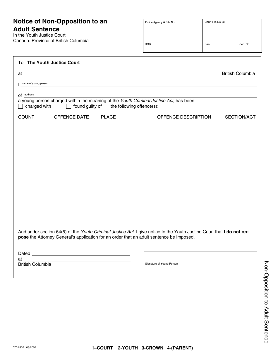 Form YTH802 Notice of Non-opposition to an Adult Sentence - British Columbia, Canada (English / French), Page 1