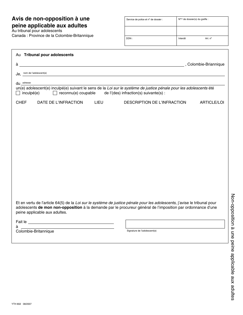 Form YTH802 Notice of Non-opposition to an Adult Sentence - British Columbia, Canada (English / French), Page 2