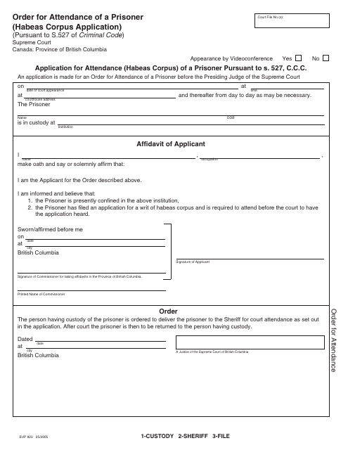 Form SUP823 Order for Attendance of a Prisoner (Habeas Corpus Application) - British Columbia, Canada