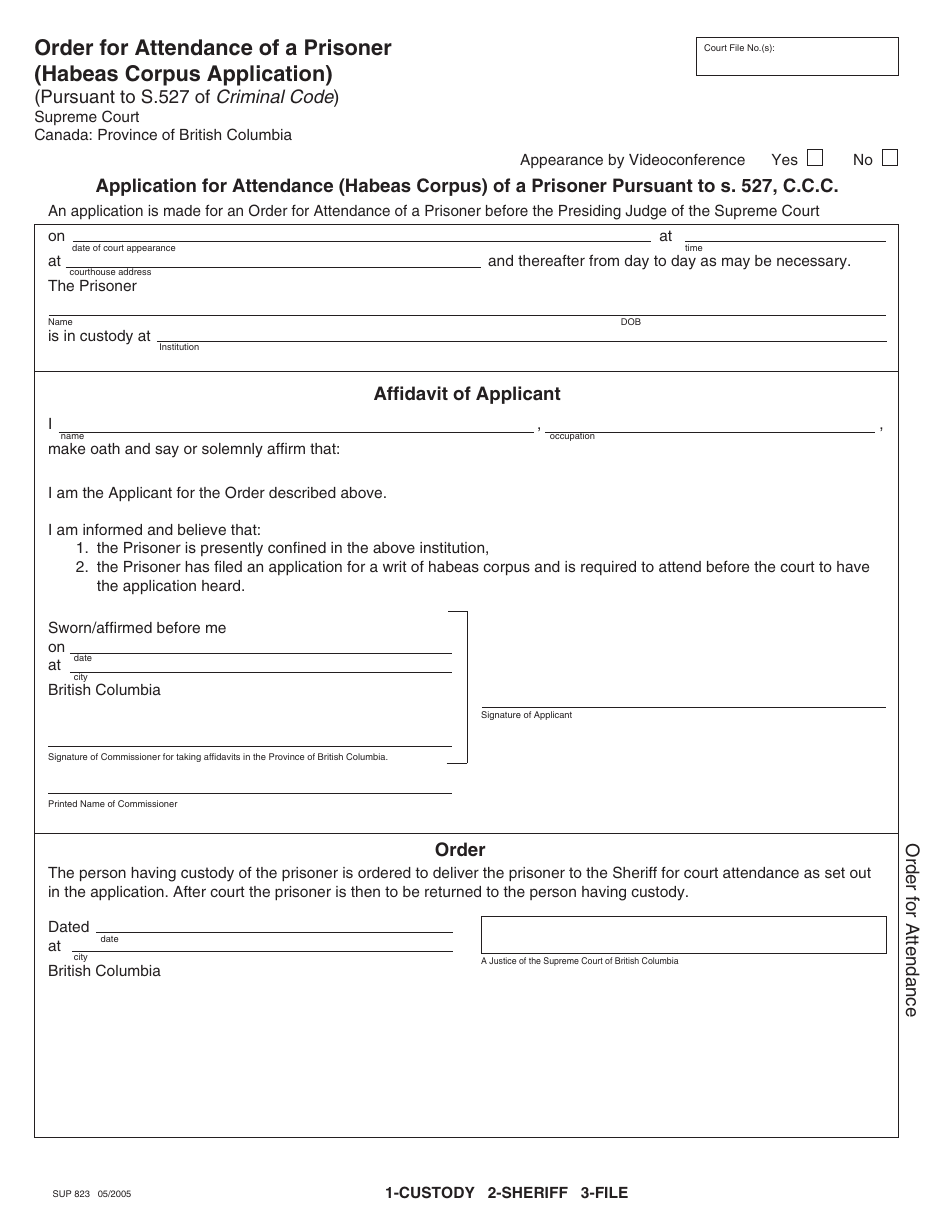 Form SUP823 Order for Attendance of a Prisoner (Habeas Corpus Application) - British Columbia, Canada, Page 1