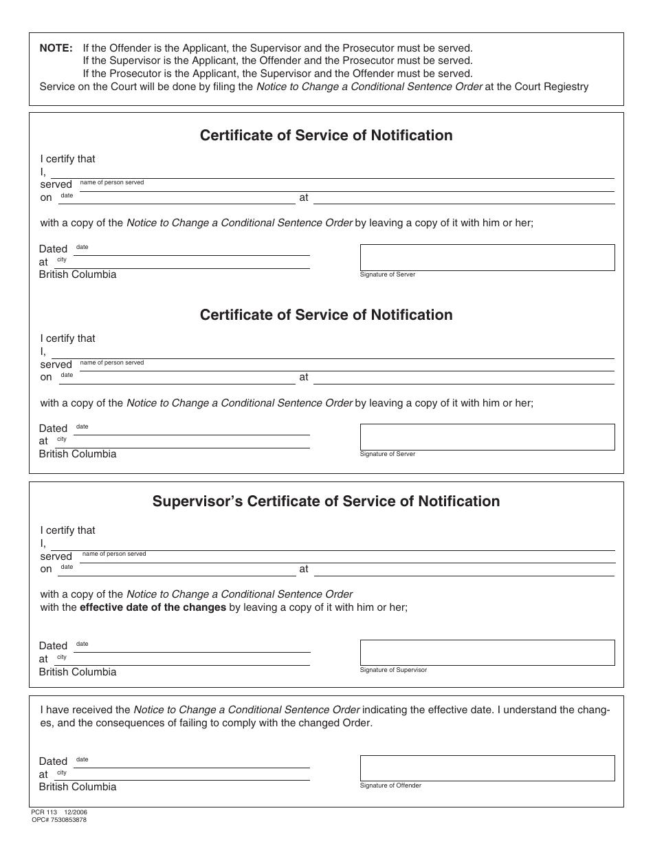 Form PCR113 Notice to Change a Conditional Sentence Order - British Columbia, Canada, Page 2