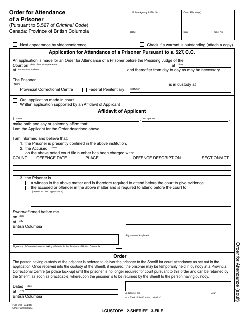 Form PCR048 Order for Attendance of a Prisoner - British Columbia, Canada (English/French)