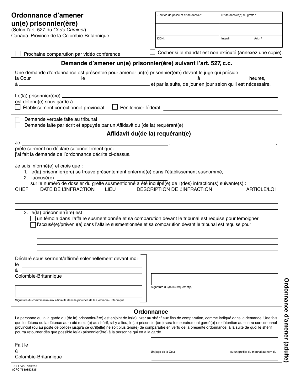 Form PCR048 Order for Attendance of a Prisoner - British Columbia, Canada (English / French), Page 2