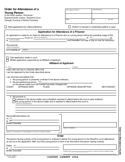 Form YTH032 Order for Attendance of a Young Person - British Columbia, Canada (English/French)