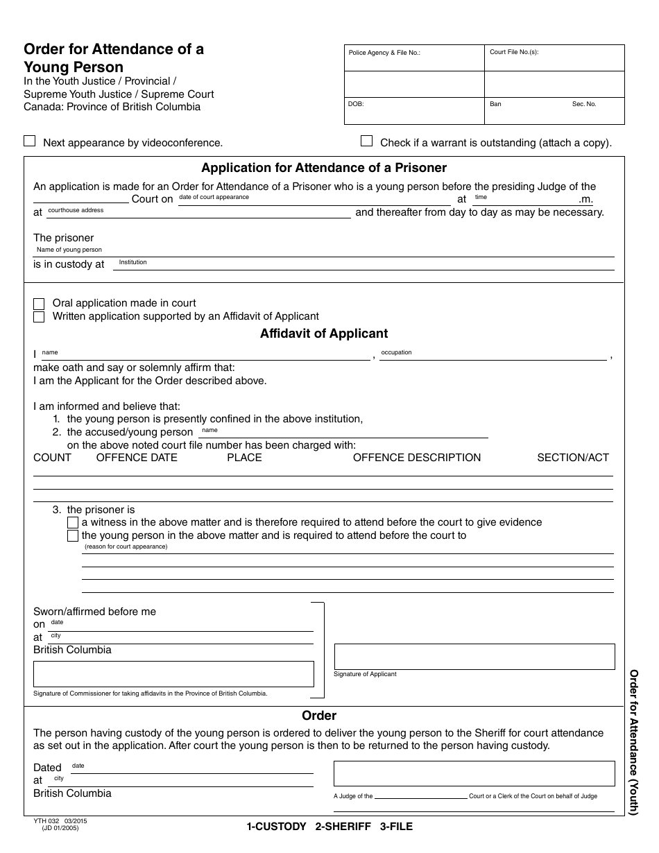 Form YTH032 Order for Attendance of a Young Person - British Columbia, Canada (English / French), Page 1