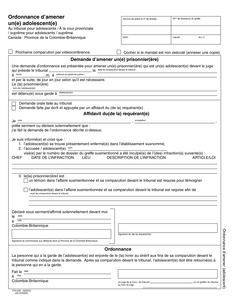 Form YTH032 Order for Attendance of a Young Person - British Columbia, Canada (English / French), Page 2