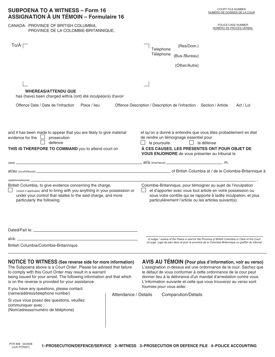 Form 16 (PCR908) Subpoena to a Witness - British Columbia, Canada (English / French), Page 1