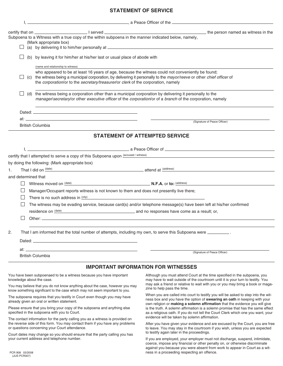 Form 16 (PCR908) Subpoena to a Witness - British Columbia, Canada (English / French), Page 2