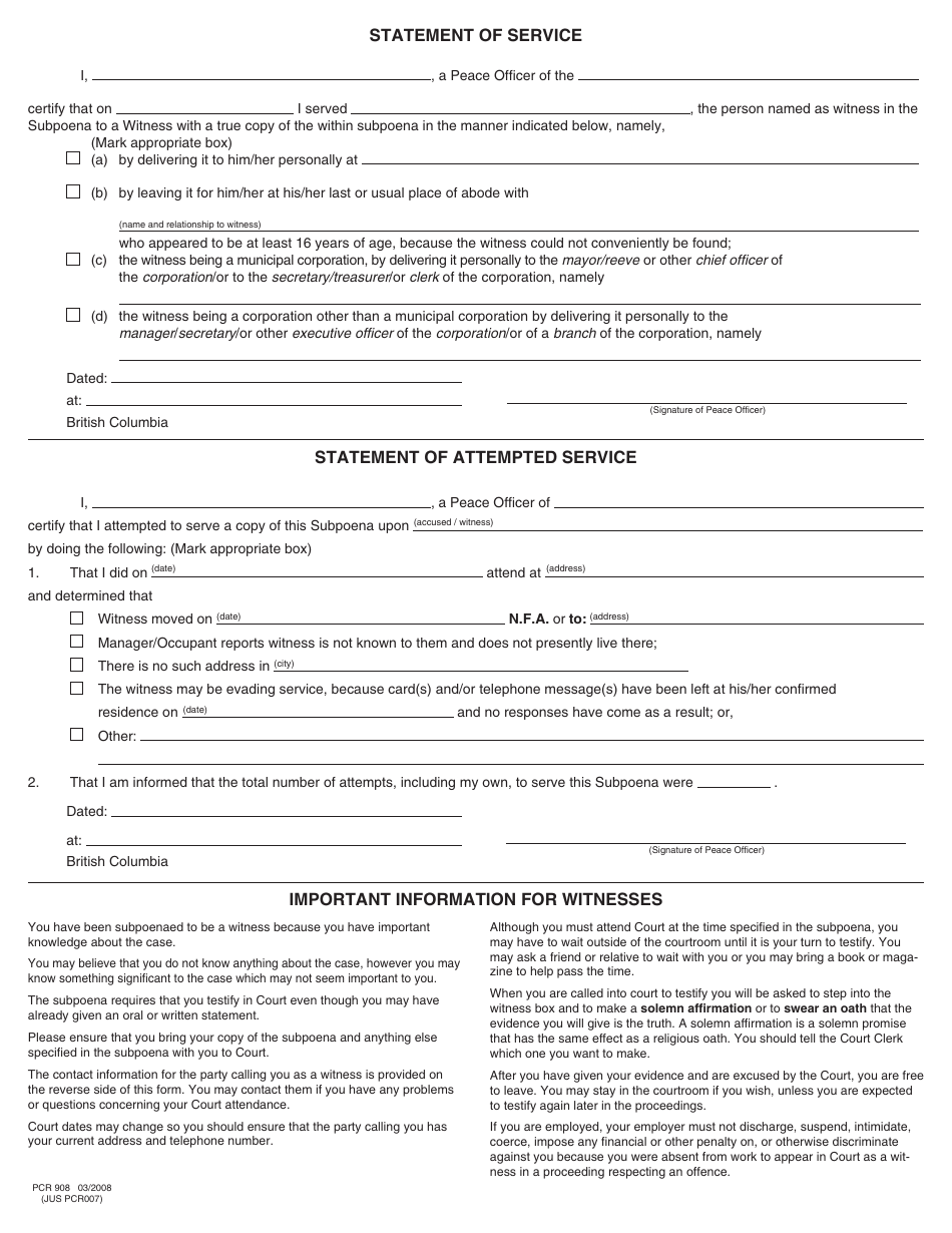 Form 16 (PCR908) Subpoena to a Witness - British Columbia, Canada (English / French), Page 3