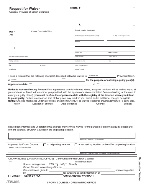 Form PCR301 Request for Waiver - British Columbia, Canada