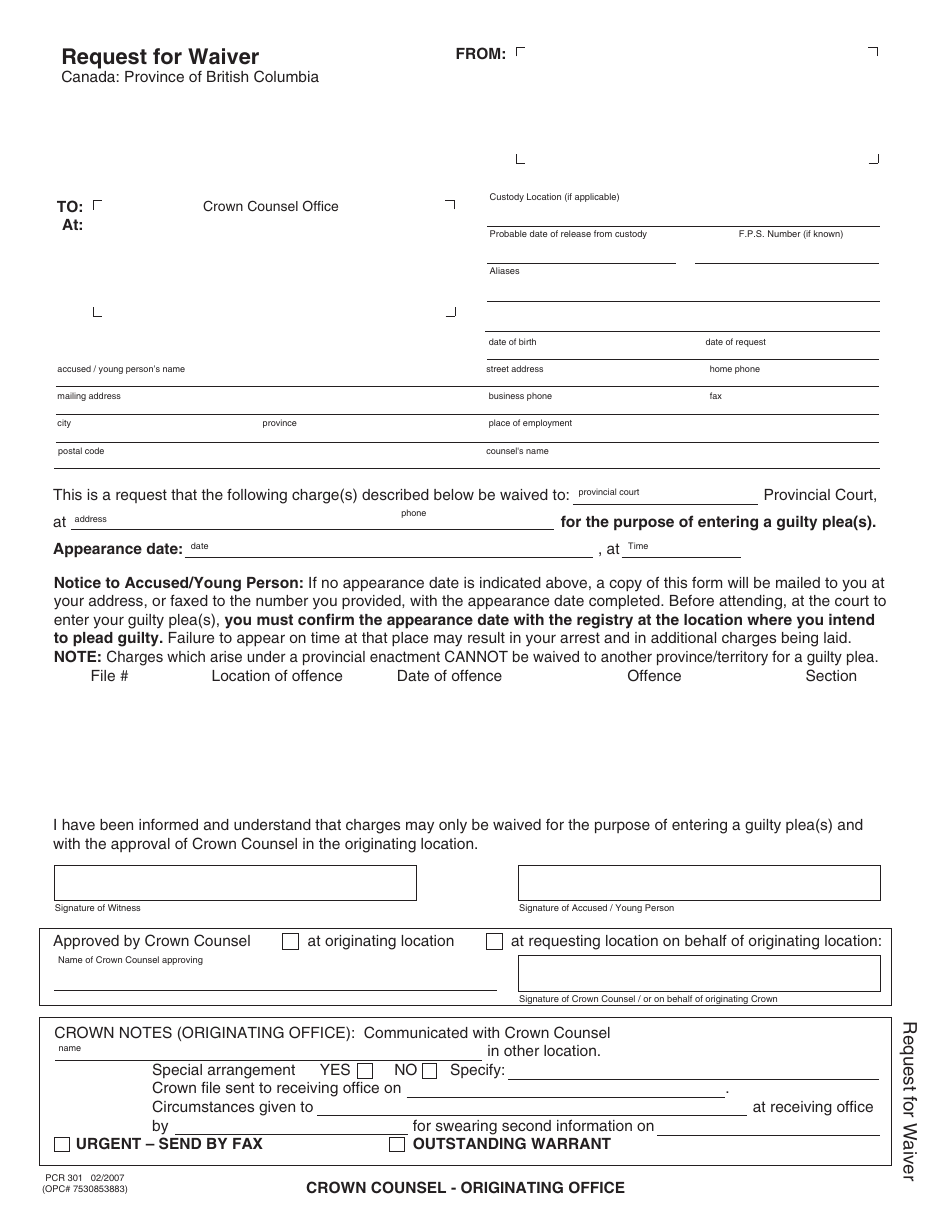 Form PCR301 Request for Waiver - British Columbia, Canada, Page 1