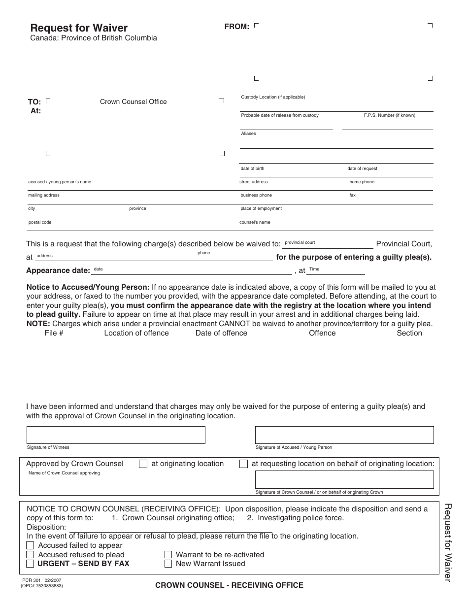 Form PCR301 Request for Waiver - British Columbia, Canada, Page 3