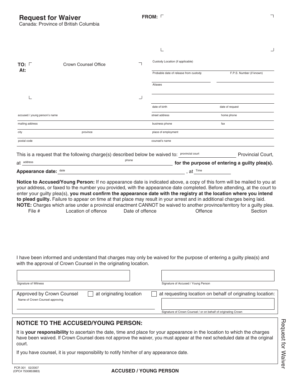 Form PCR301 Request for Waiver - British Columbia, Canada, Page 4