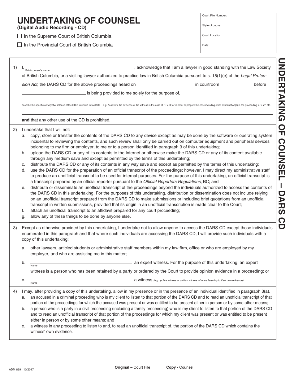 Form ADM859 Undertaking of Counsel - British Columbia, Canada, Page 1