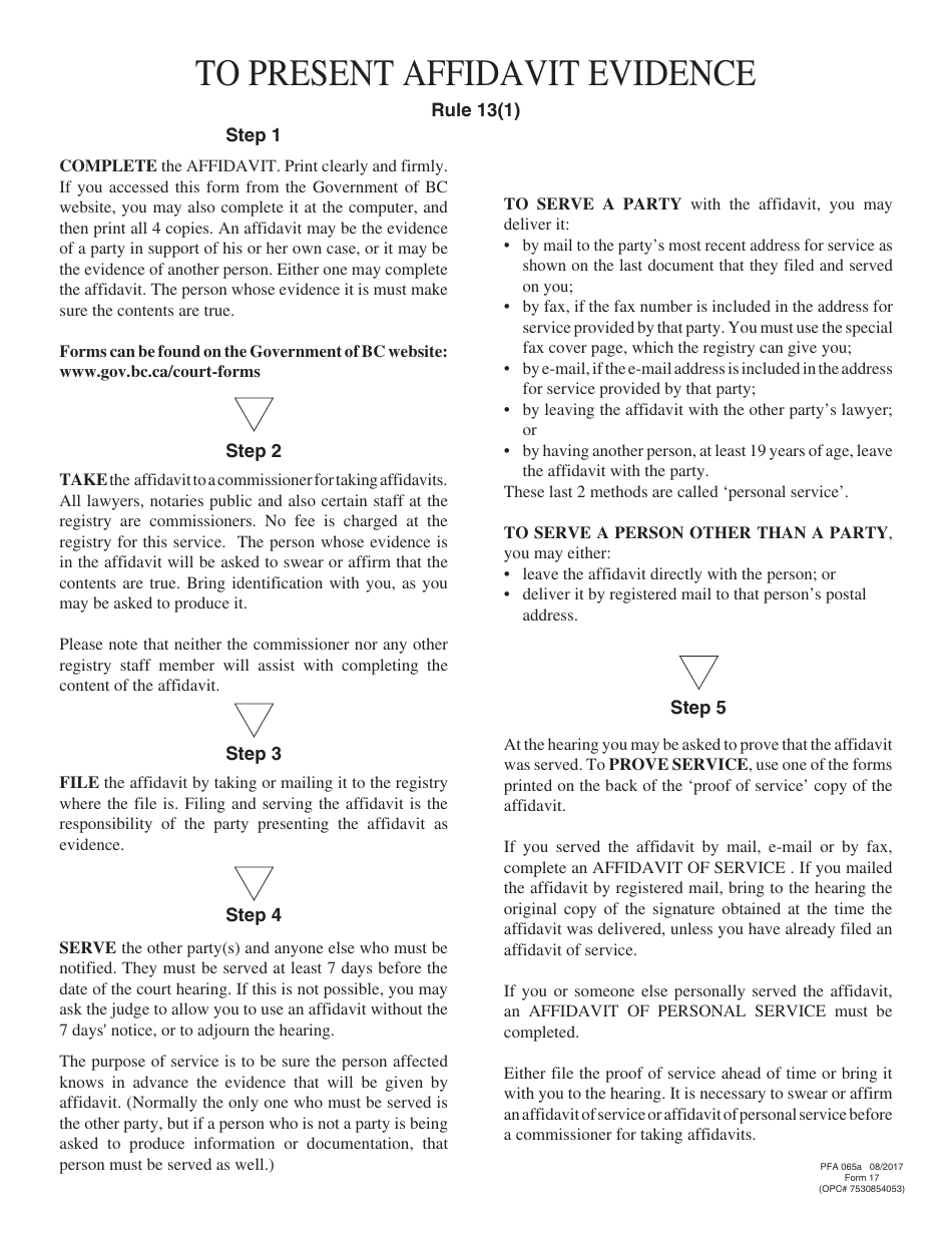 PCFR Form 17 (PFA065A) Affidavit - British Columbia, Canada, Page 1