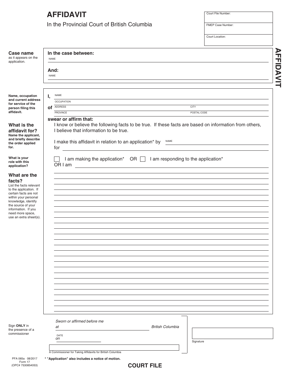PCFR Form 17 (PFA065A) Affidavit - British Columbia, Canada, Page 3