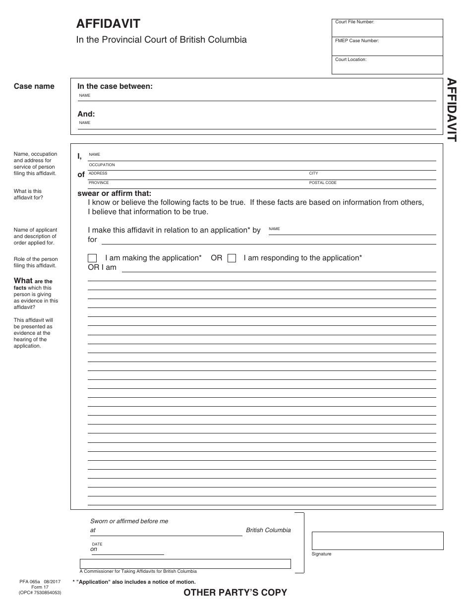 PCFR Form 17 (PFA065A) Affidavit - British Columbia, Canada, Page 4
