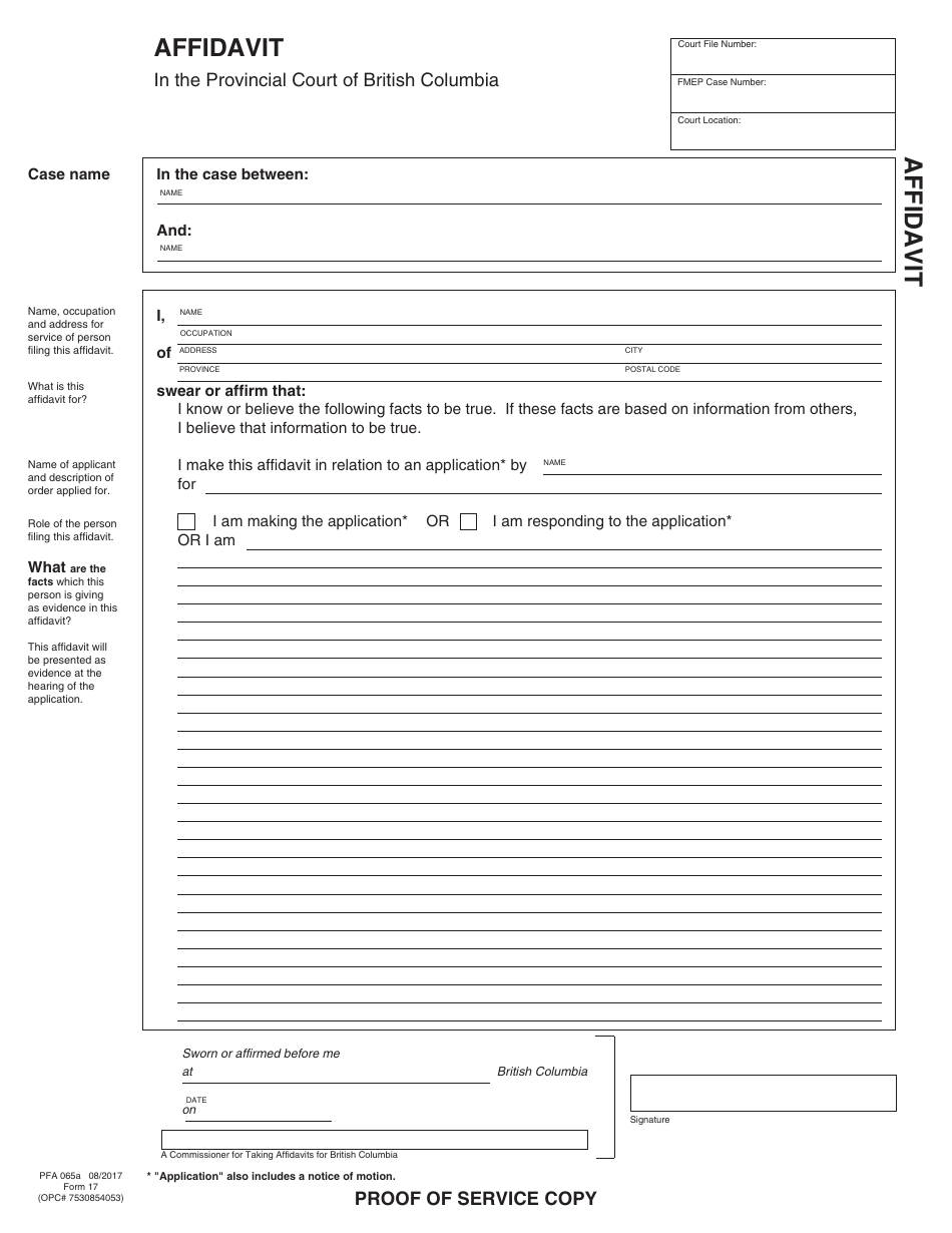 PCFR Form 17 (PFA065A) Affidavit - British Columbia, Canada, Page 5