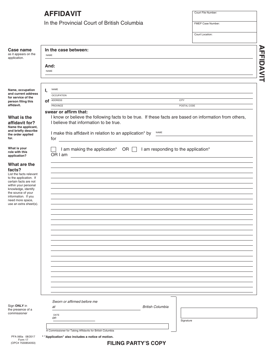 PCFR Form 17 (PFA065A) Affidavit - British Columbia, Canada, Page 6