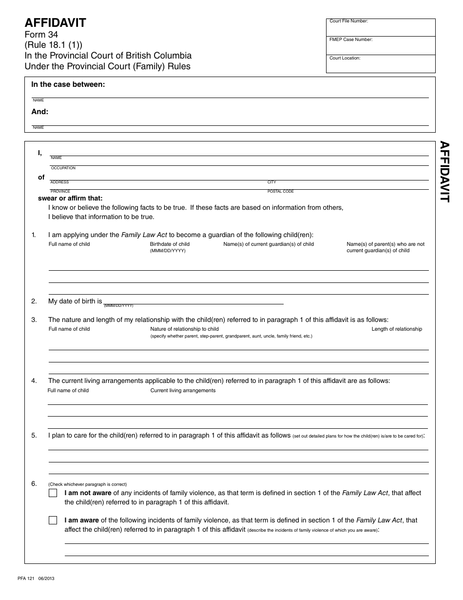 PCFR Form 34 (PFA121) Affidavit - British Columbia, Canada, Page 1
