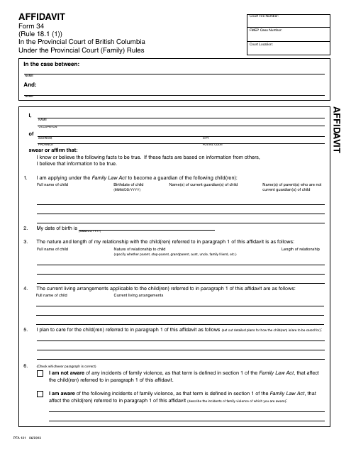 PCFR Form 34 (PFA121) Affidavit - British Columbia, Canada
